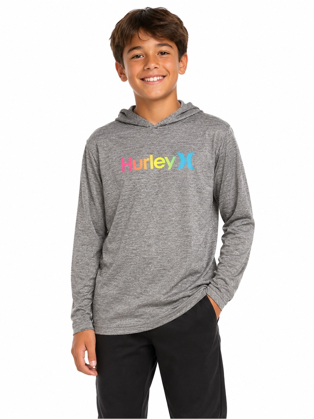 Hurley Boys Grey Long Sleeve Hooded Sun Shirt Rash Guard UPF 50+ Size Large 12–1